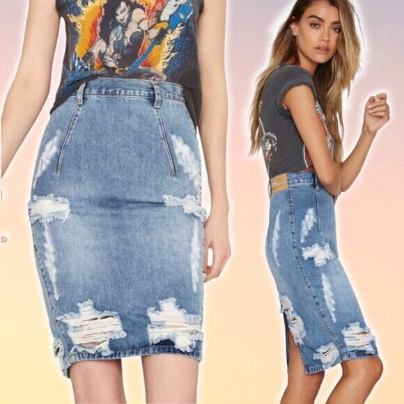 ONE X ONETEASPOON Freelove Distressed Denim Skirt Sz 25 Blue - Picture 1 of 10
